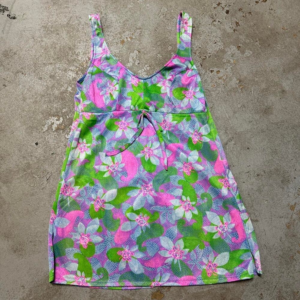 VINTAGE UNION MADE 1960s GROOVY FLORAL PRINT SWIM TOP TAGGED A SIZE 12 WOMENS